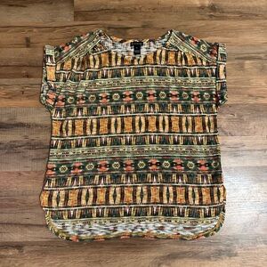 New Directions Tribal Print Short Sleeve Top - Green, Orange, Black